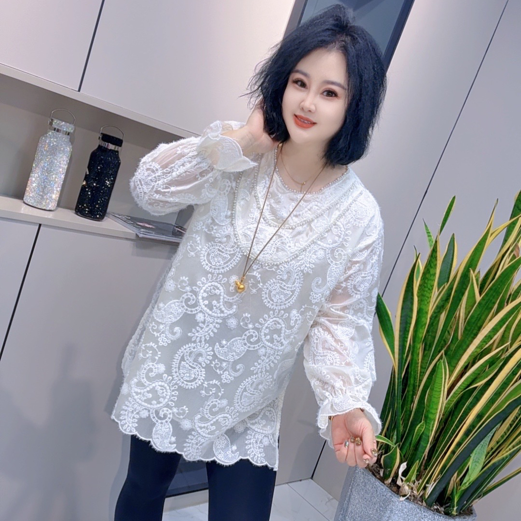 【娟姐定制】3126欧货重工3条装饰珍珠链圆领时尚洋气刺绣蕾丝衫