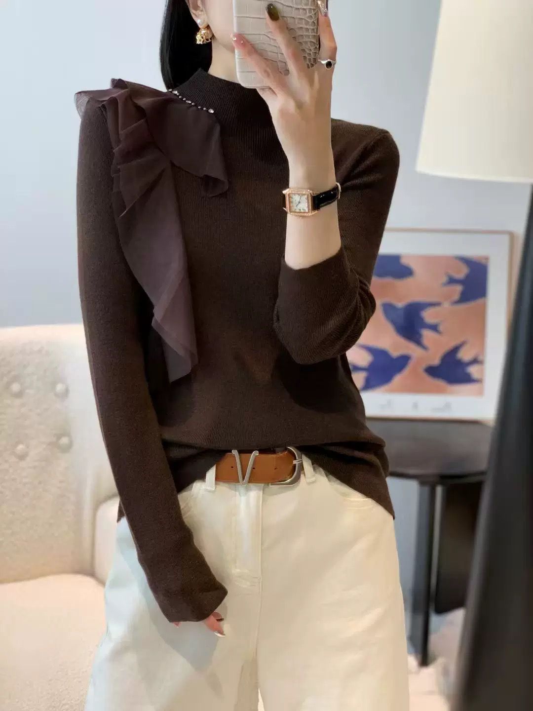 韩系时尚针织衫2025秋冬新款设计感荷叶边钉珠半高领百搭毛衣上衣