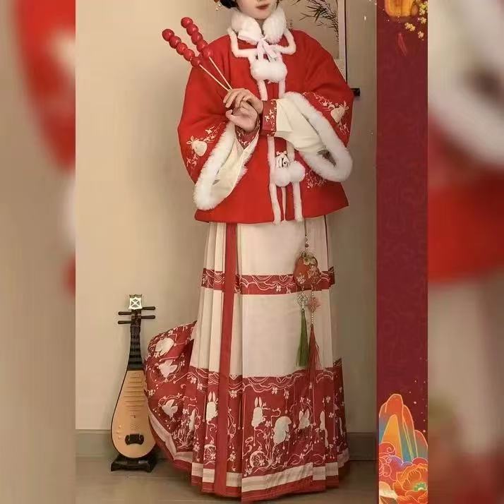长袖刺绣国风冬季明制袄裙汉服秋冬拜年服冬款红色加绒套装