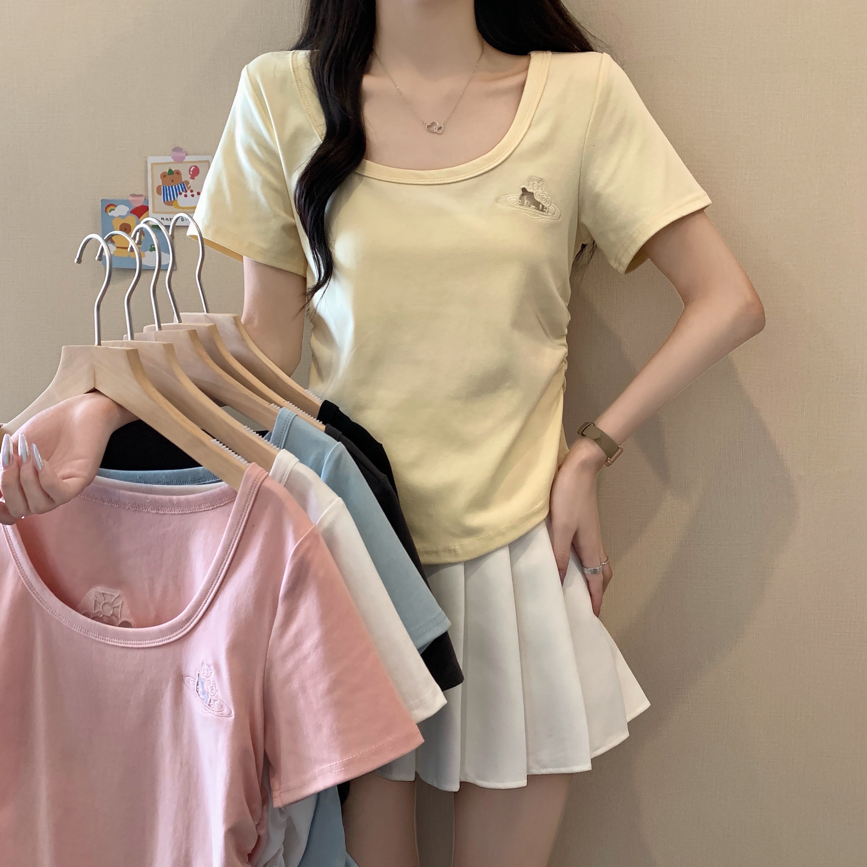 6601-大码胖mm2025年春夏新款设计感欧若风显瘦刺绣短袖T恤上衣女