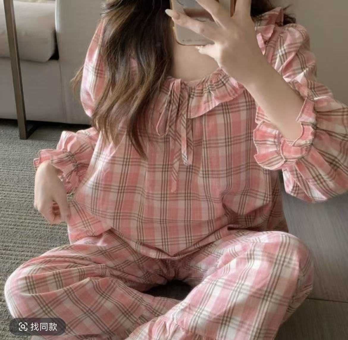 大码长袖睡衣成人睡眠少女宽松家居服套装格子