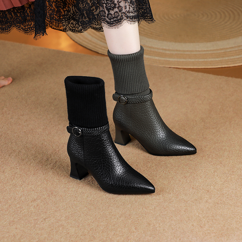 【品质】牛皮/34-42/1083冬季新款女靴手工编织高级百搭真皮袜靴