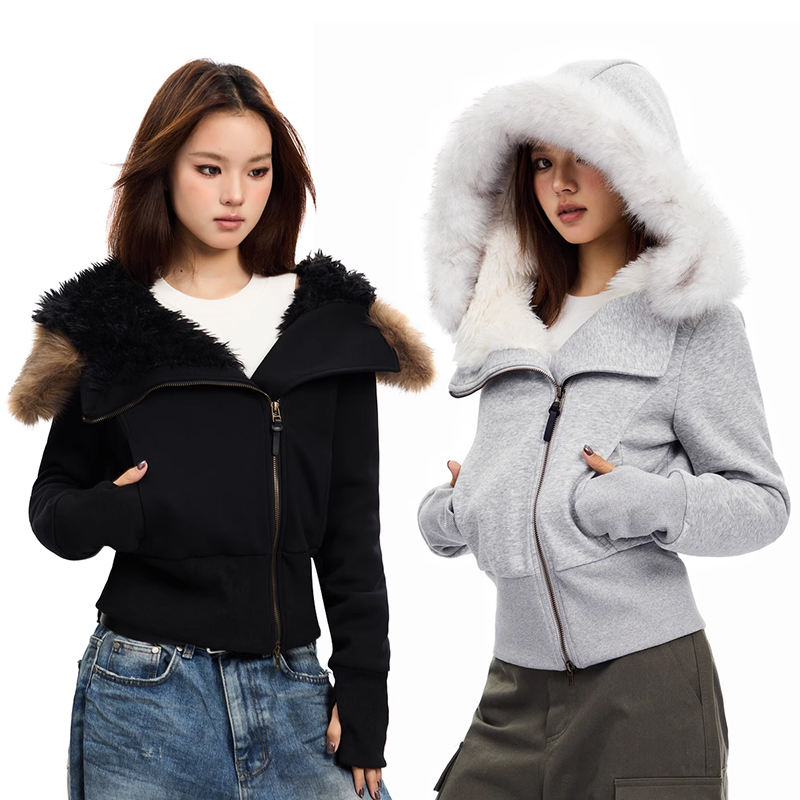 APEA斜襟毛绒内胆【毛领可拆卸】修身连帽棉服