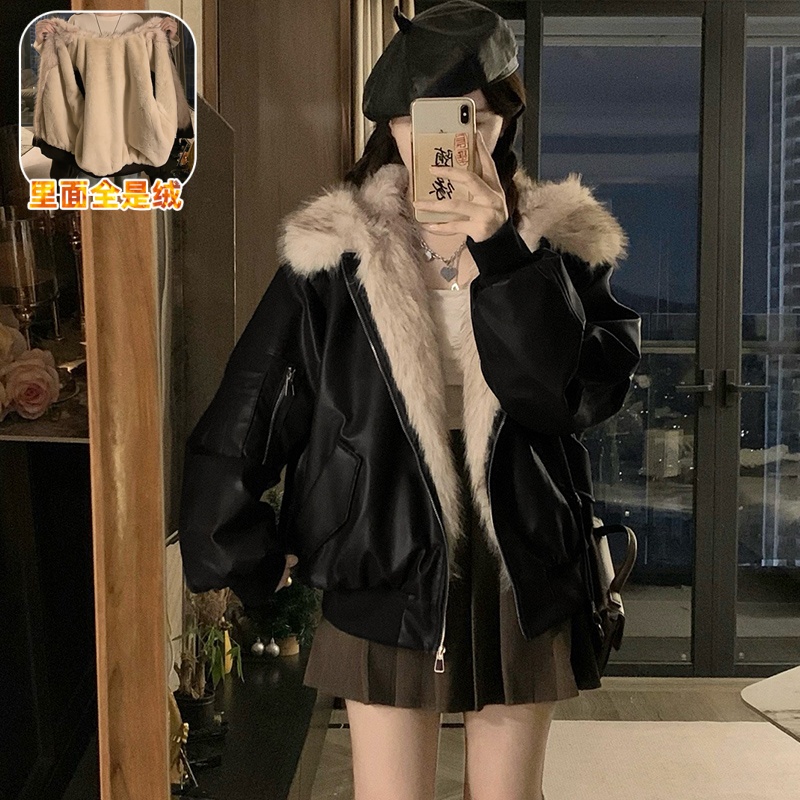 爆款座山雕加绒加厚女皮衣冬季棉衣棉服短外套女上衣