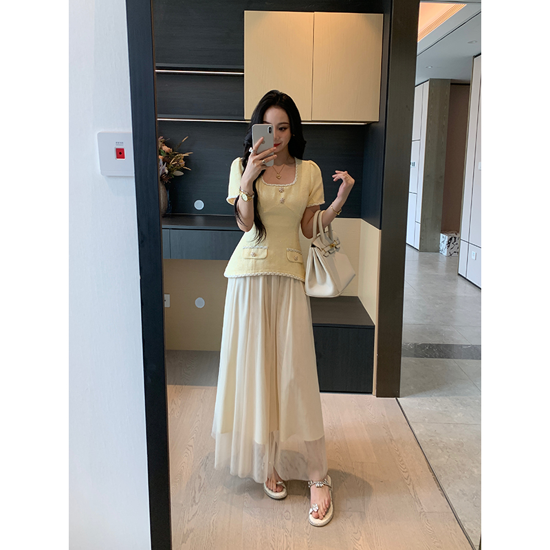 XINYI【落日爱琴海】夏季方领小香连衣裙收腰显瘦气质X625Q04922