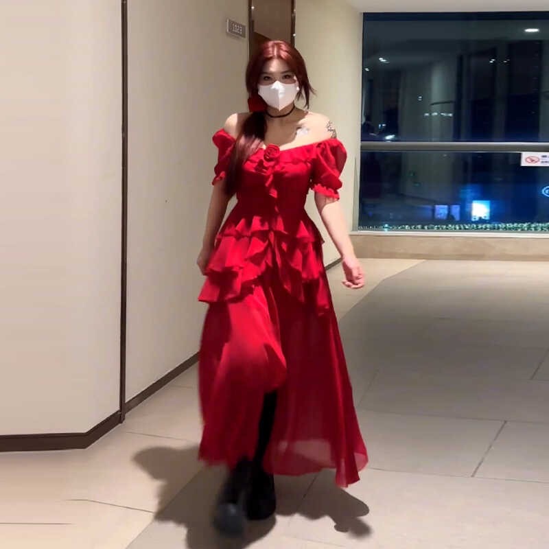 【运补6-8】大码女装玫瑰告白信chao显白红色开叉不规则连衣裙92250