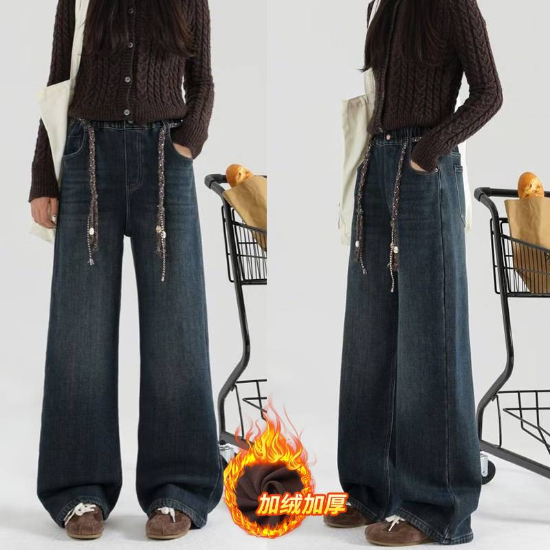 青少年冬款加绒加厚裤子2025女中大童牛仔裤宽松直筒裤长裤潮