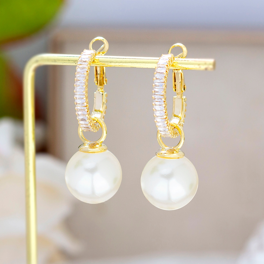 铜合金合成锆石耳饰 白月光百搭珠珠满钻耳圈时尚感简约耳环1366