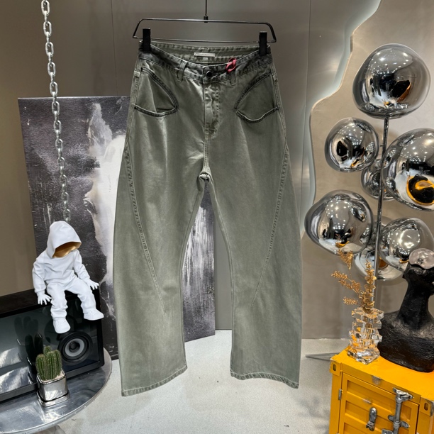 美式复古牛仔裤重工水洗白色脏染解构弯刀牛仔裤男宽松阔腿拖地裤