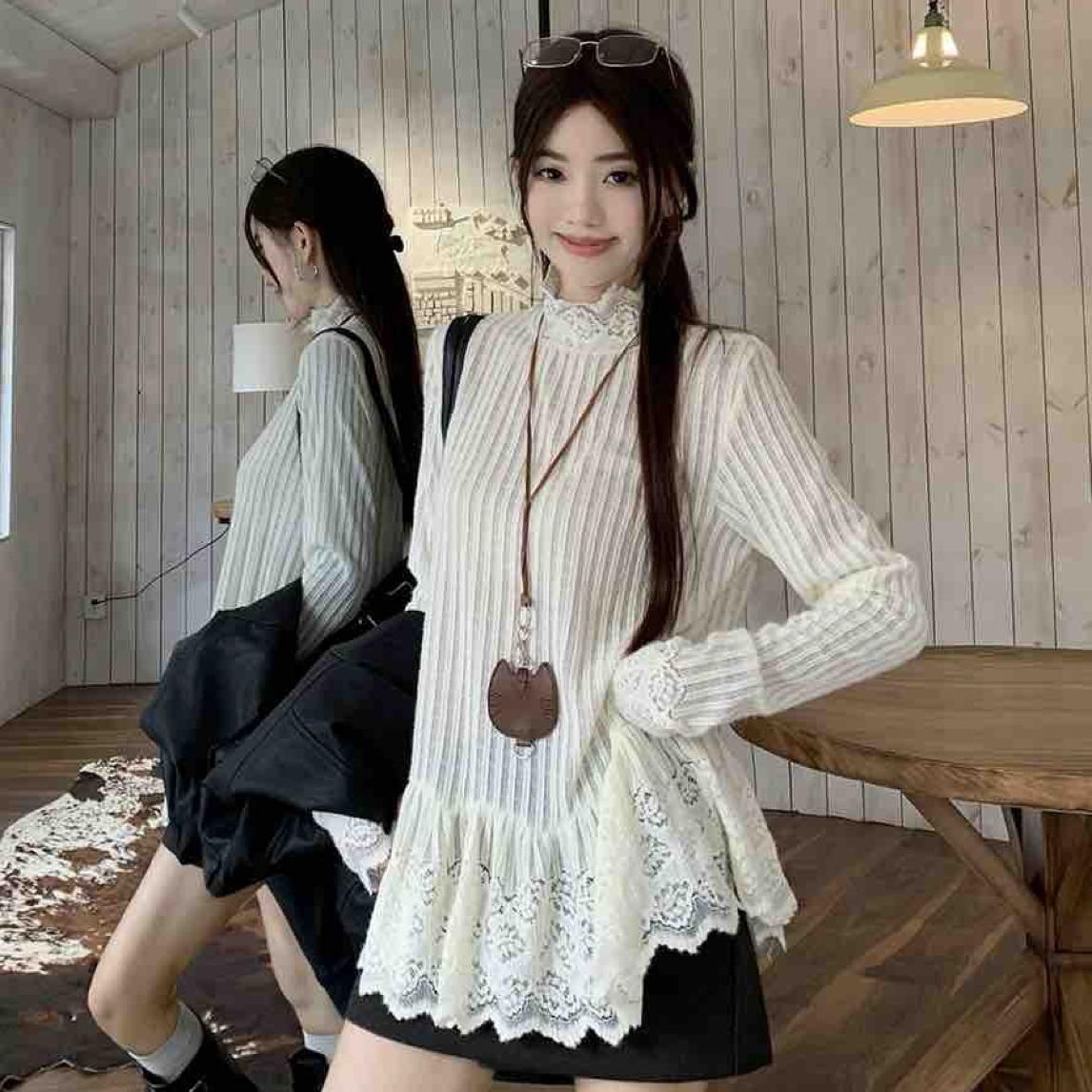 胖mm大码半高领蕾丝花边长袖打底衫女秋季别致内搭上衣