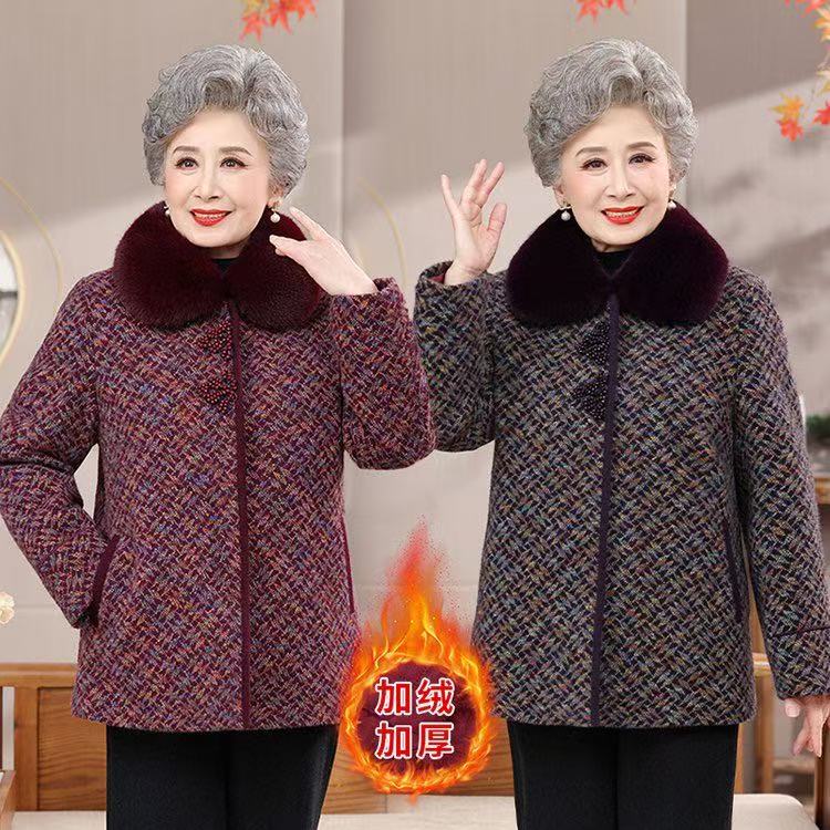新款妈妈秋冬装加绒加厚外套中老年女装大毛领保暖毛呢大衣569