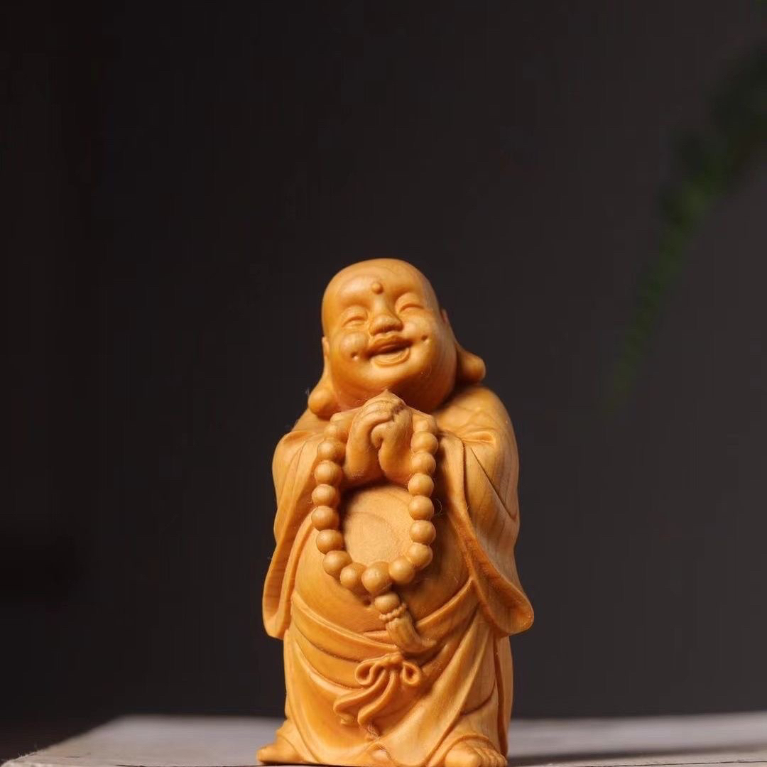 崖柏木雕刻念珠弥勒佛笑佛手把件汽车摆件实木恭喜发财装饰工艺品