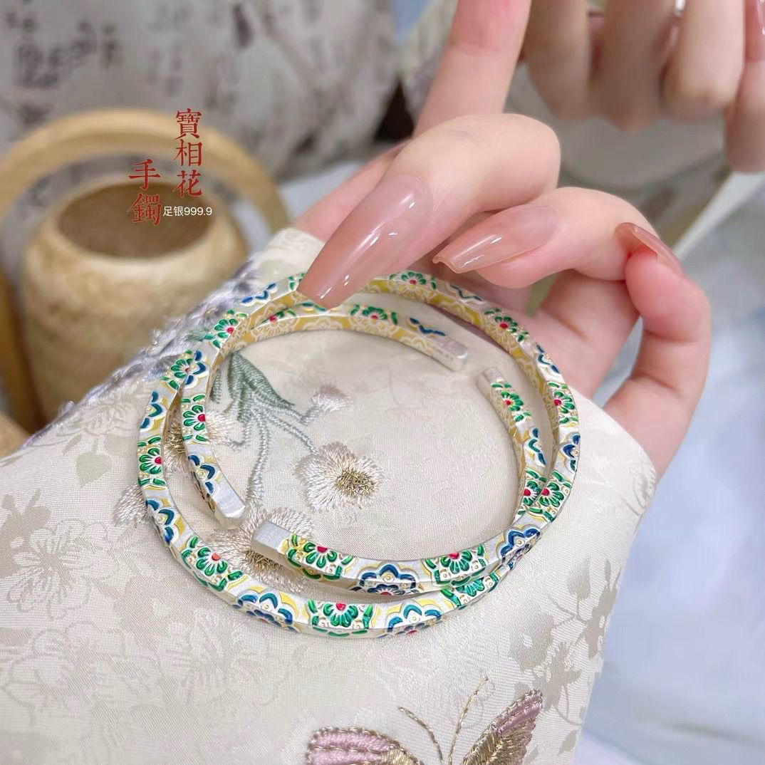 足银珐琅手镯 20号链接描金珐琅彩四方宝相花手镯