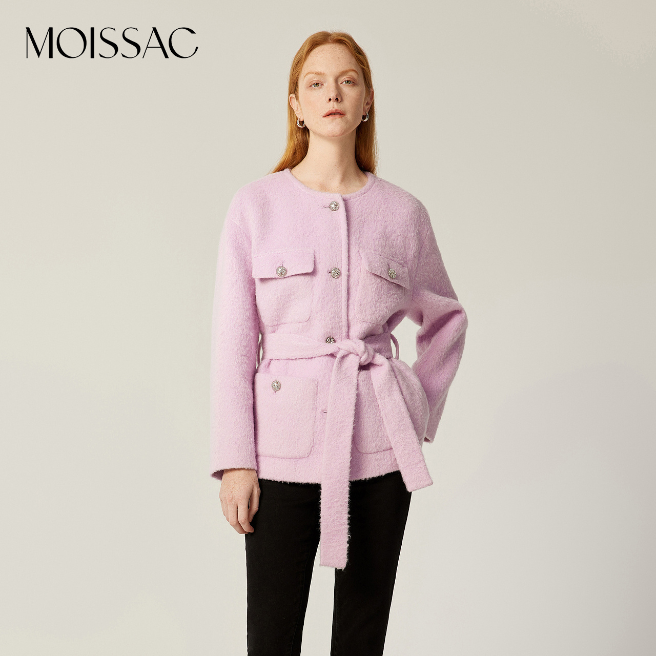 商场同款 摩萨克法式通勤粉紫色短款腰带毛呢外套MWEC72301