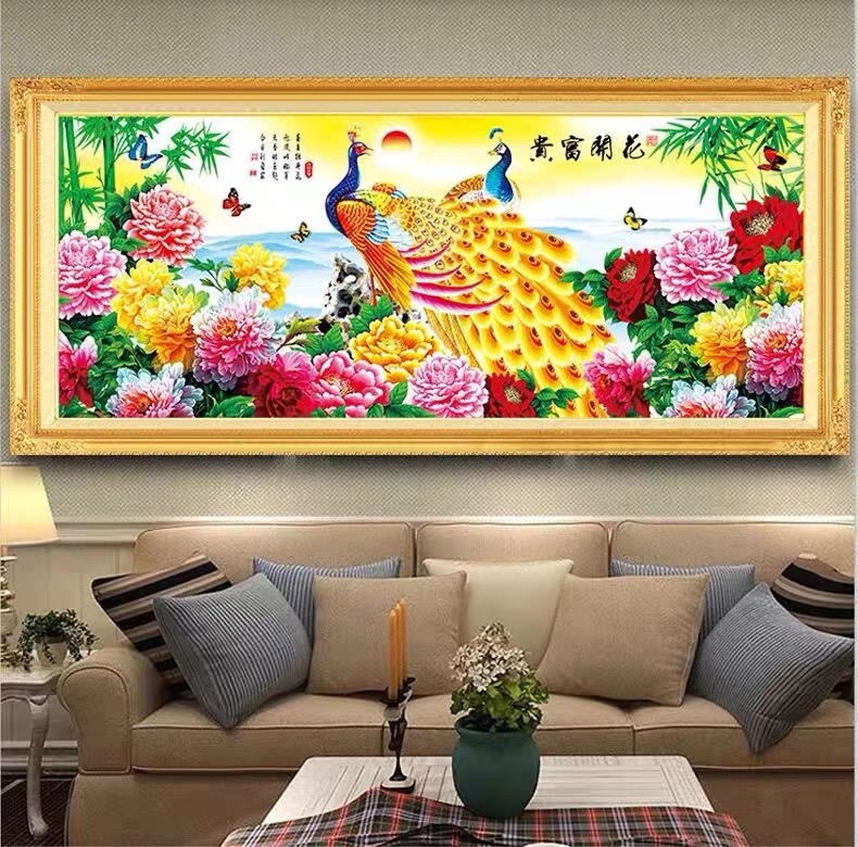 纯手工十字绣成品中格孔雀吉祥牡丹花开富贵山水客厅185×75厘米