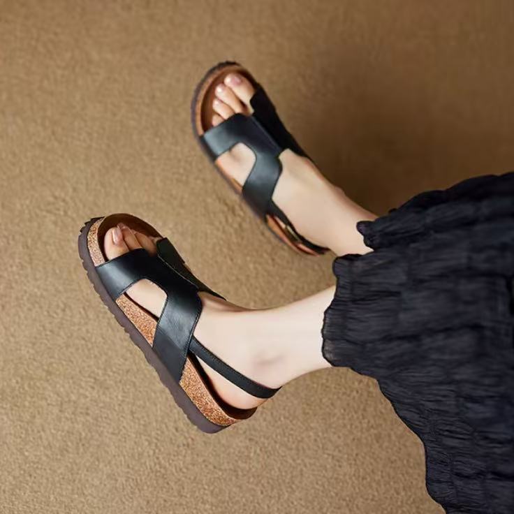 C7680 黑色  时尚厚底轻便2025新款软木休闲露趾女凉鞋