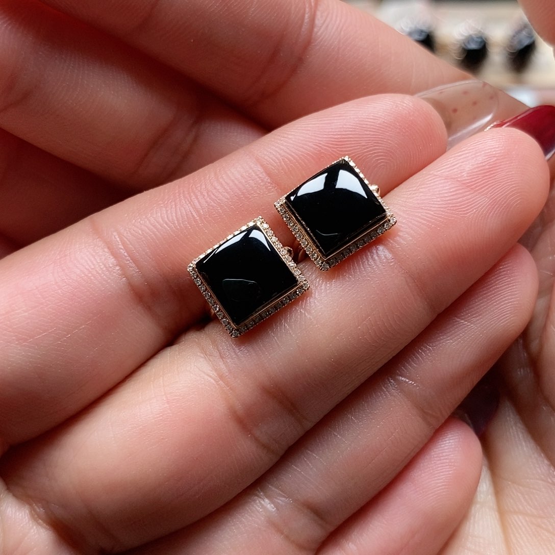 翡翠耳饰18K金镶嵌墨翠