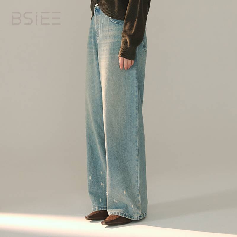 BSIEE磨破牛仔阔腿裤