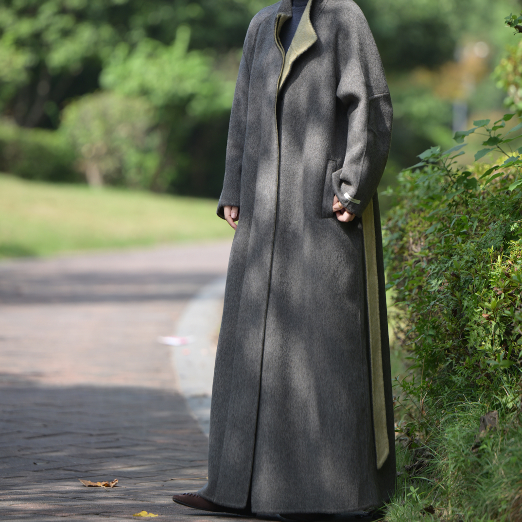 新款韩系宽松双面呢长款拼色加厚羊绒女外套