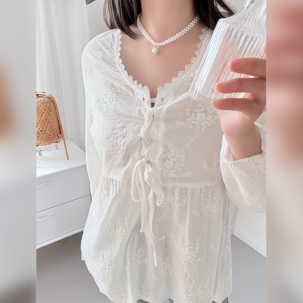 大码女装300斤胖MM韩版宽松复古甜美系带绣花衬衫62709