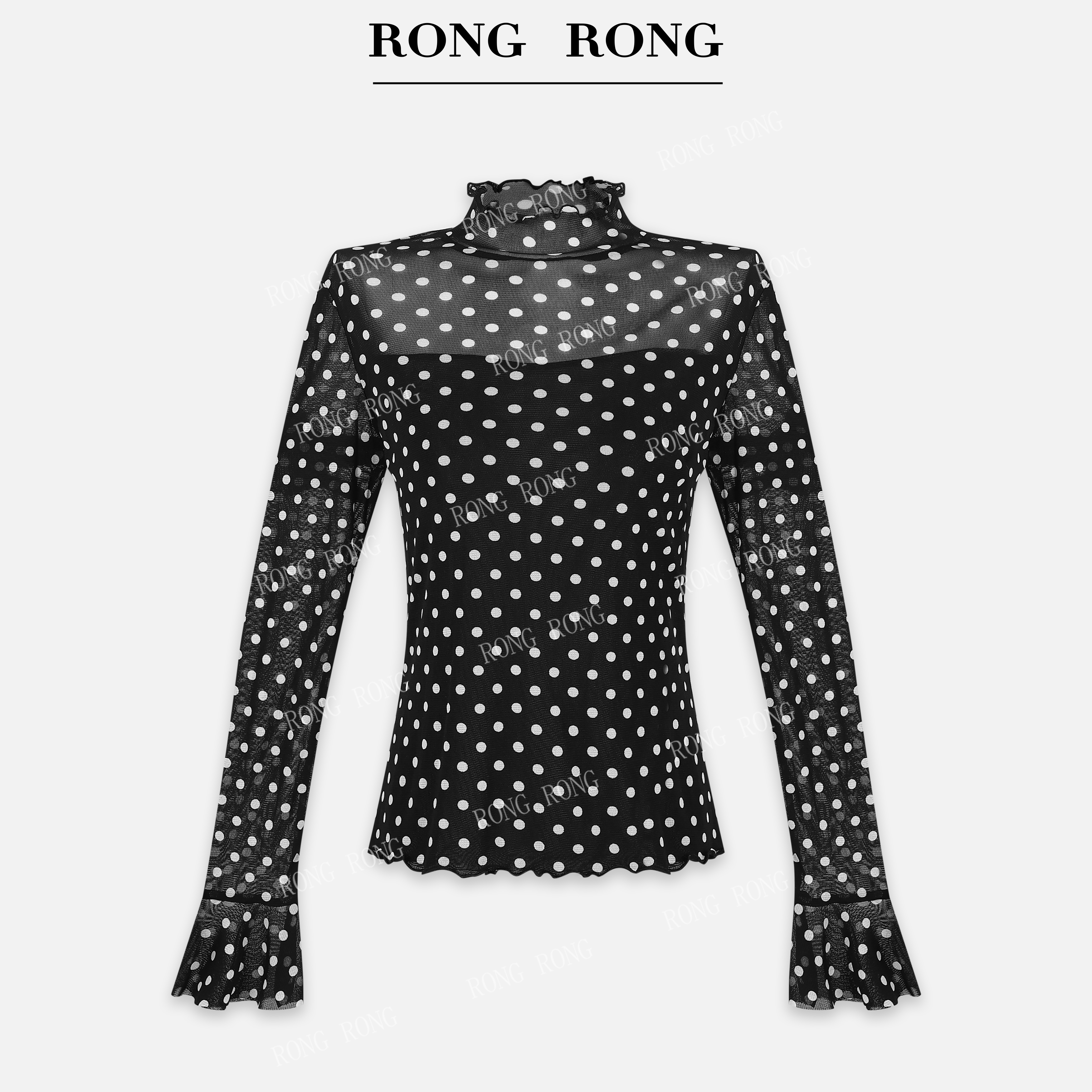 溶溶J【流动波点】RONGRONG 高领波点透感网纱叠穿打底衫C-A208215