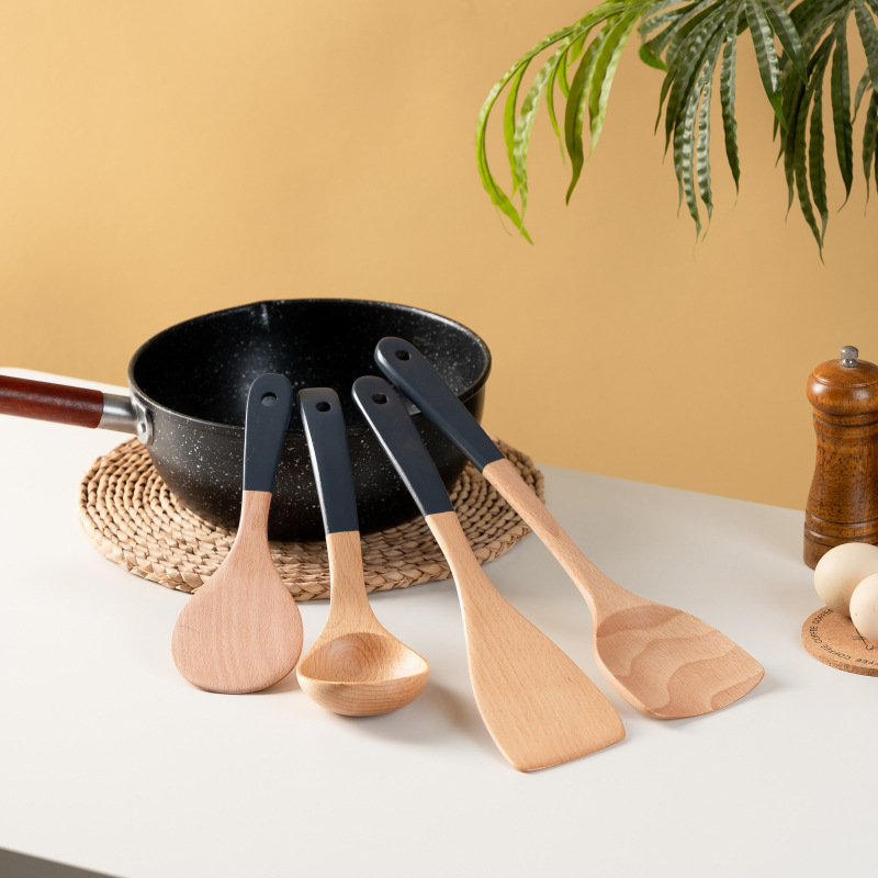 创意榉木锅铲家用木铲不粘锅炒菜铲半漆木汤勺手柄漆木制铲子