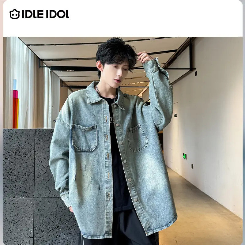 IDLE IDOL港风复古水洗做旧宽松百搭潮流破洞机车牛仔夹克外套秋