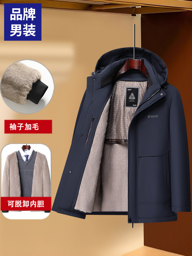 【袖子+毛 可脱卸】加绒保暖爸爸装棉衣加厚衣服中老年男装棉服外