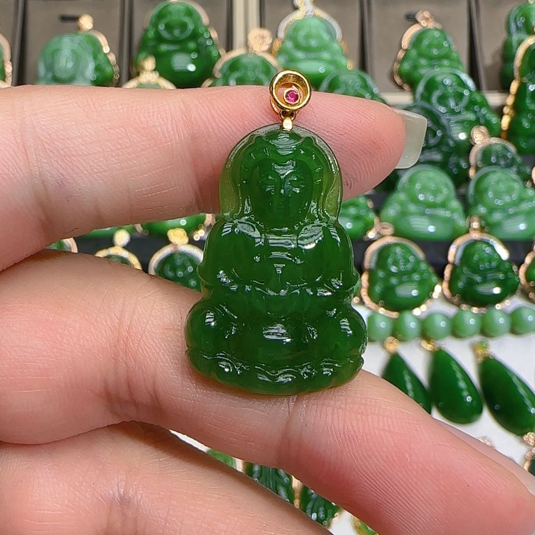 和田玉（碧玉）吊坠(不含链)18K金镶嵌