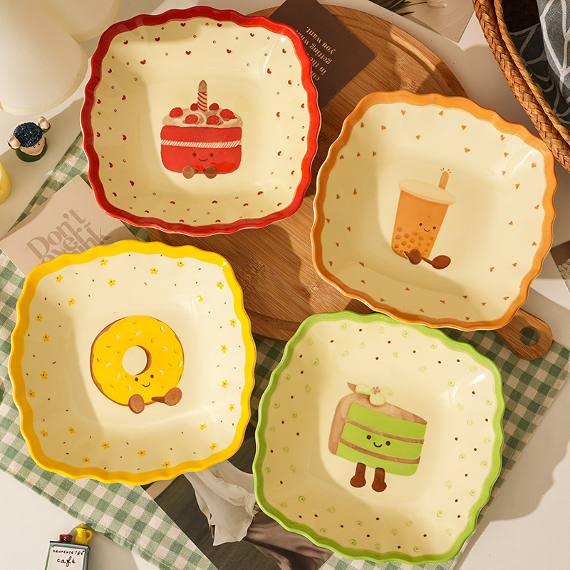 【4个装】茶语甜心方盘8英寸陶瓷釉下彩ins可爱家用菜盘深盘盘子