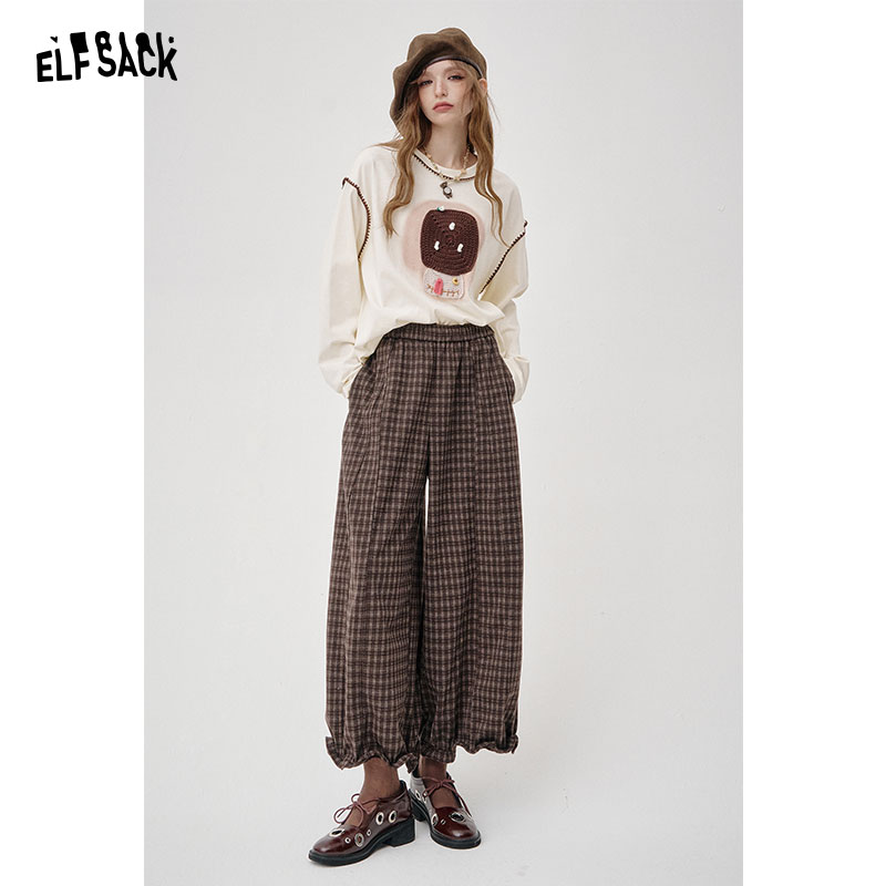 妖精的口袋复古格子阔腿裤女2025秋慵懒松弛宽松休闲裤子25310082