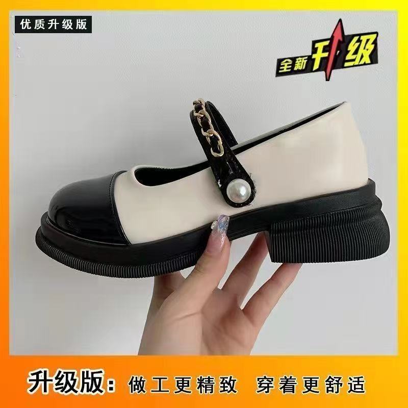 法式单鞋一字式扣带小众夏季英伦风修面皮时尚魔术贴复古拼接A888