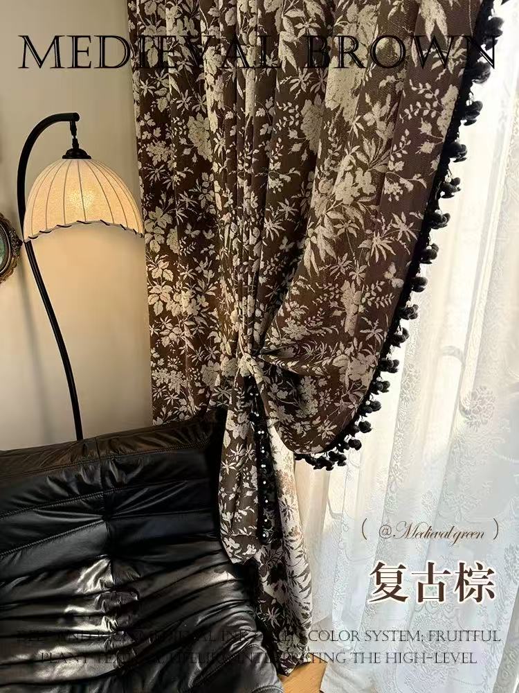 法式复古风岚野窗帘布复古绿棕黑客厅卧室飘窗