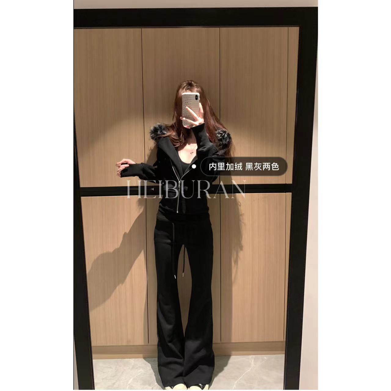 黑不染  黑/灰 美式复古扎染毛领连帽卫衣设计感加绒外套