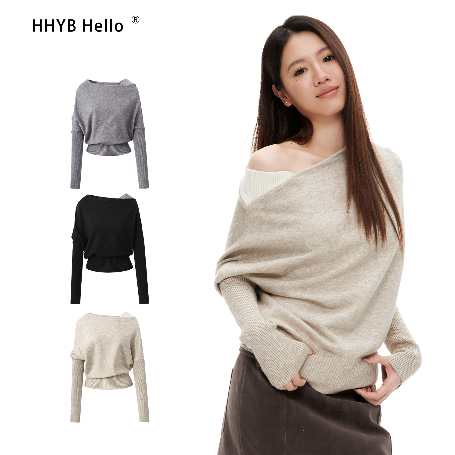 HHYB Hello拼接露肩针织衫外穿撞色设计感套头毛衣气质上衣M1228