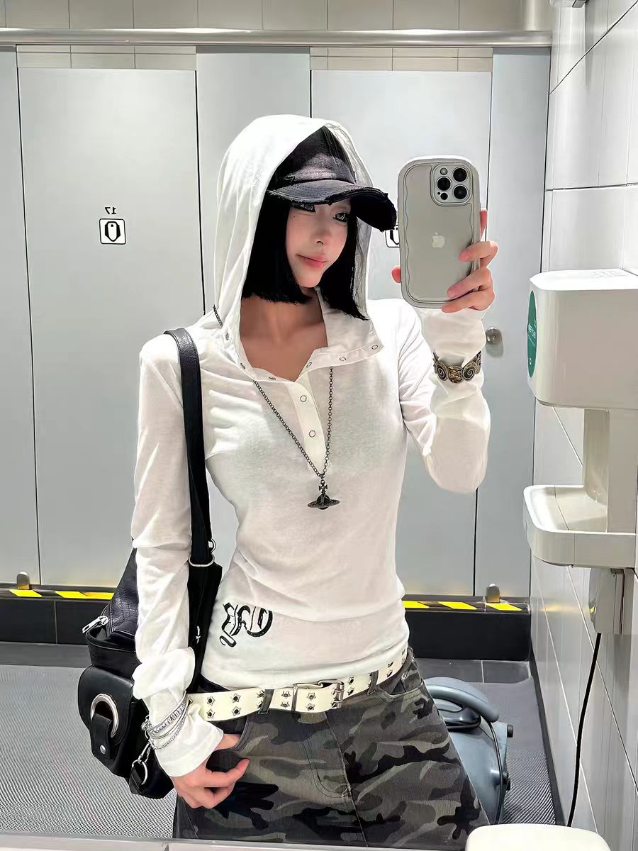长袖女烫印网红显瘦时尚连帽常规T恤#9762