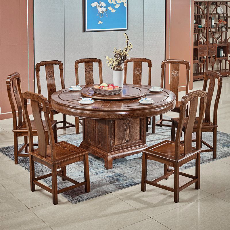 国色天香圆餐台 鸡翅木桌椅组合中式实木饭桌带转盘餐台 红木家具