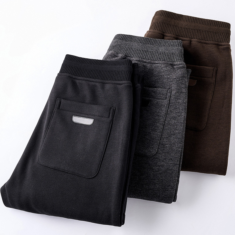 高档冬季轻奢加绒厚款羊毛男裤毛呢松紧腰长裤男士保暖直筒休闲裤