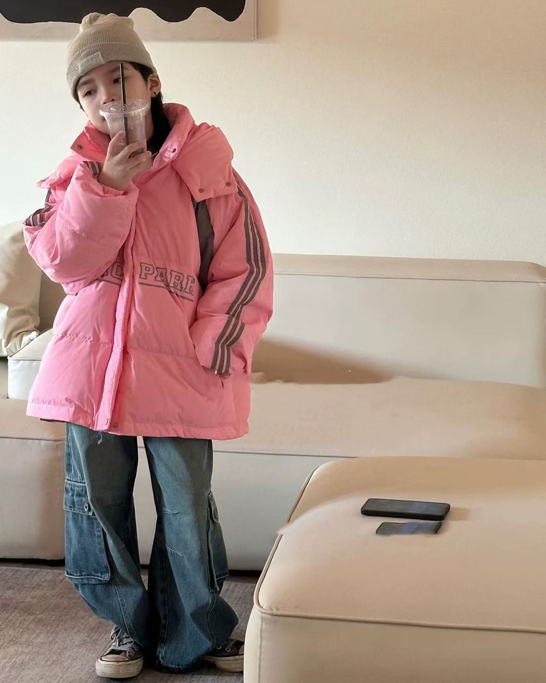 412254《粉色》优选韩版儿童休闲百搭时尚连帽洋气羽绒服