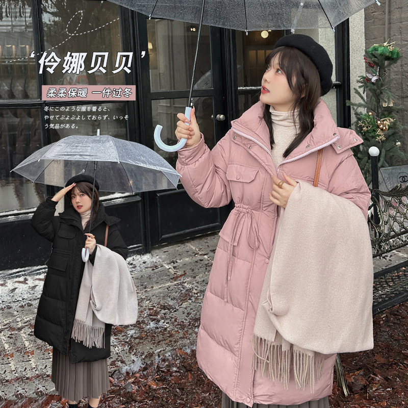 【伶娜贝贝】大码女装中长款冬季立领加厚棉服简约连帽显瘦外套女 