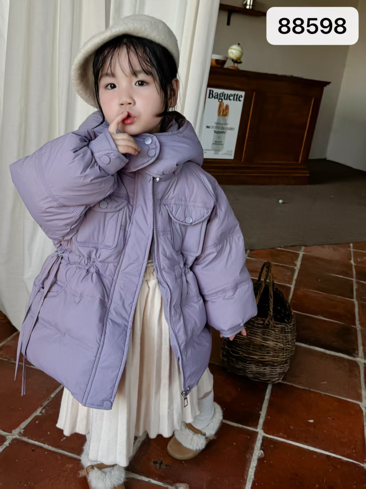 编码保暖拉链长款小童净色女中长款外套童装纯色冬季