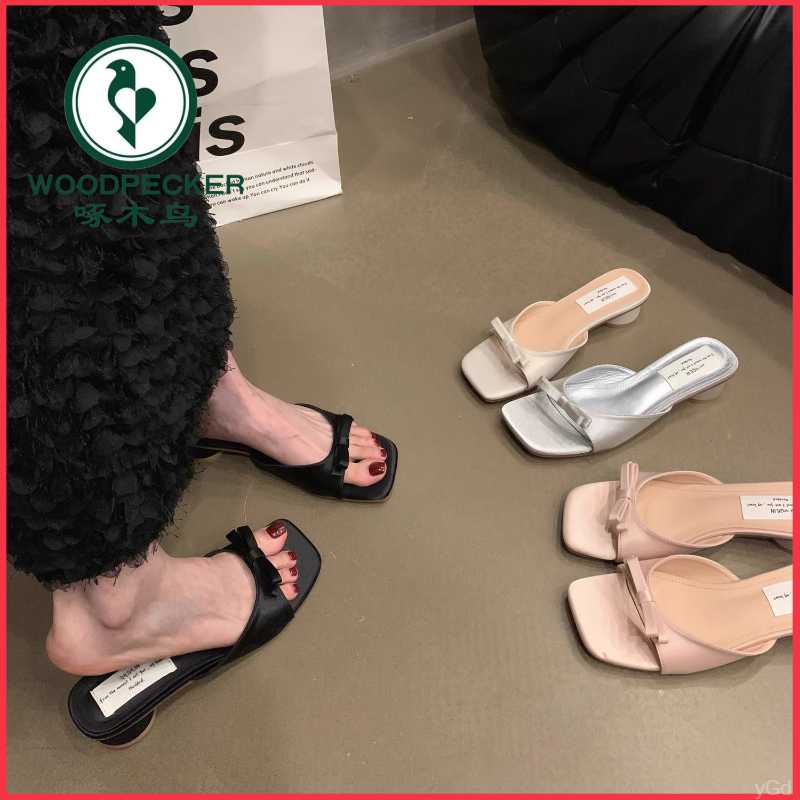 啄木鸟法式晚风温柔仙女一字新款蝴蝶结粗跟凉拖鞋拖鞋女夏季外穿