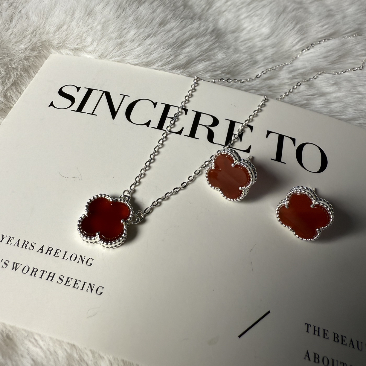 足银耳饰 纯银红色四叶草耳钉 项链