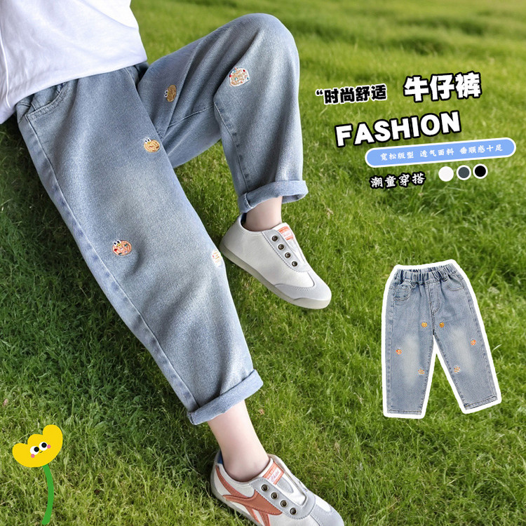 春季新款女童牛仔裤中小童洋气外穿时尚小脚裤韩版绣花甲壳虫