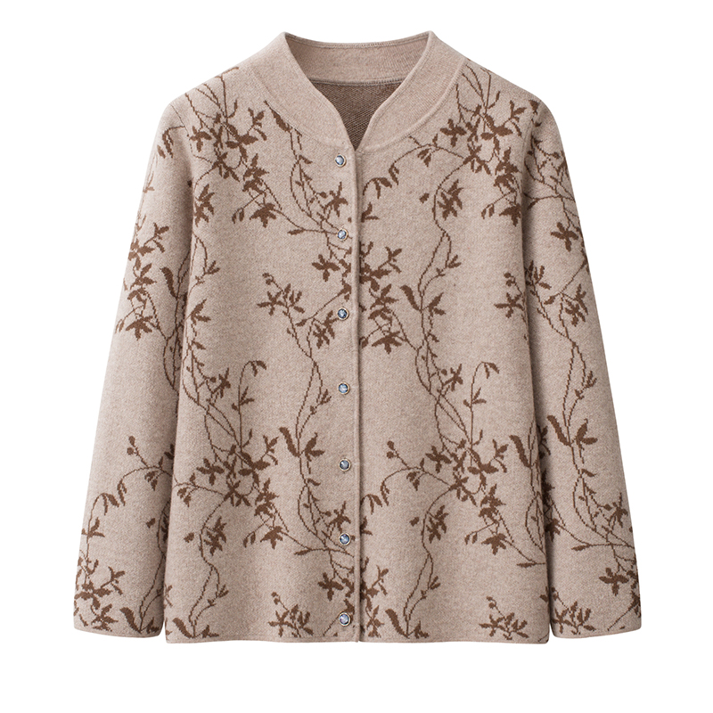 内蒙大码宽松中式立领中老年女装毛衣厚款保暖绣花100%纯羊毛开衫