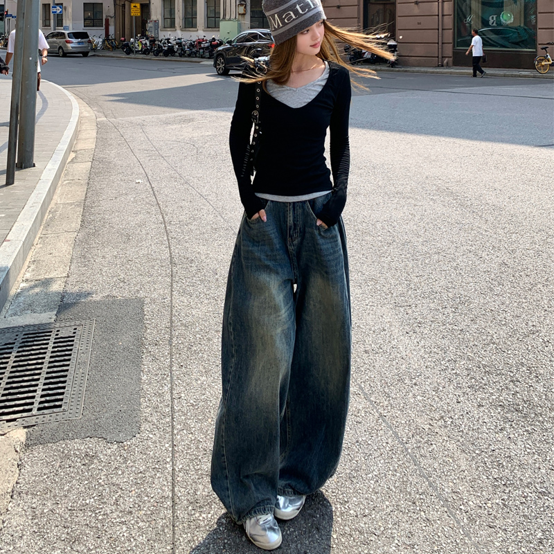 GL 复古解构弯刀阔腿牛仔裤女2025春夏宽松直筒显瘦高腰百搭拖地