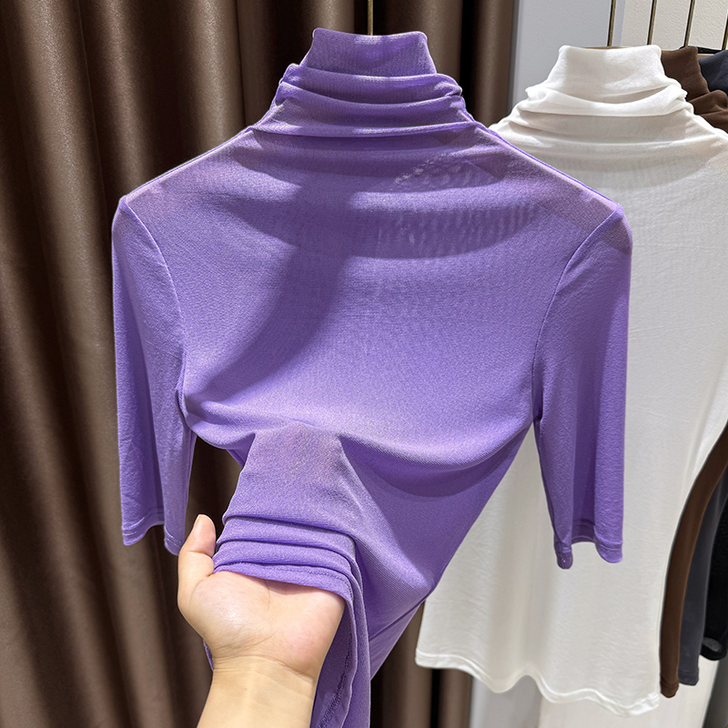 高级紫色中袖网纱T恤女夏秋透视薄纱内搭短袖上衣高领蕾丝打底衫