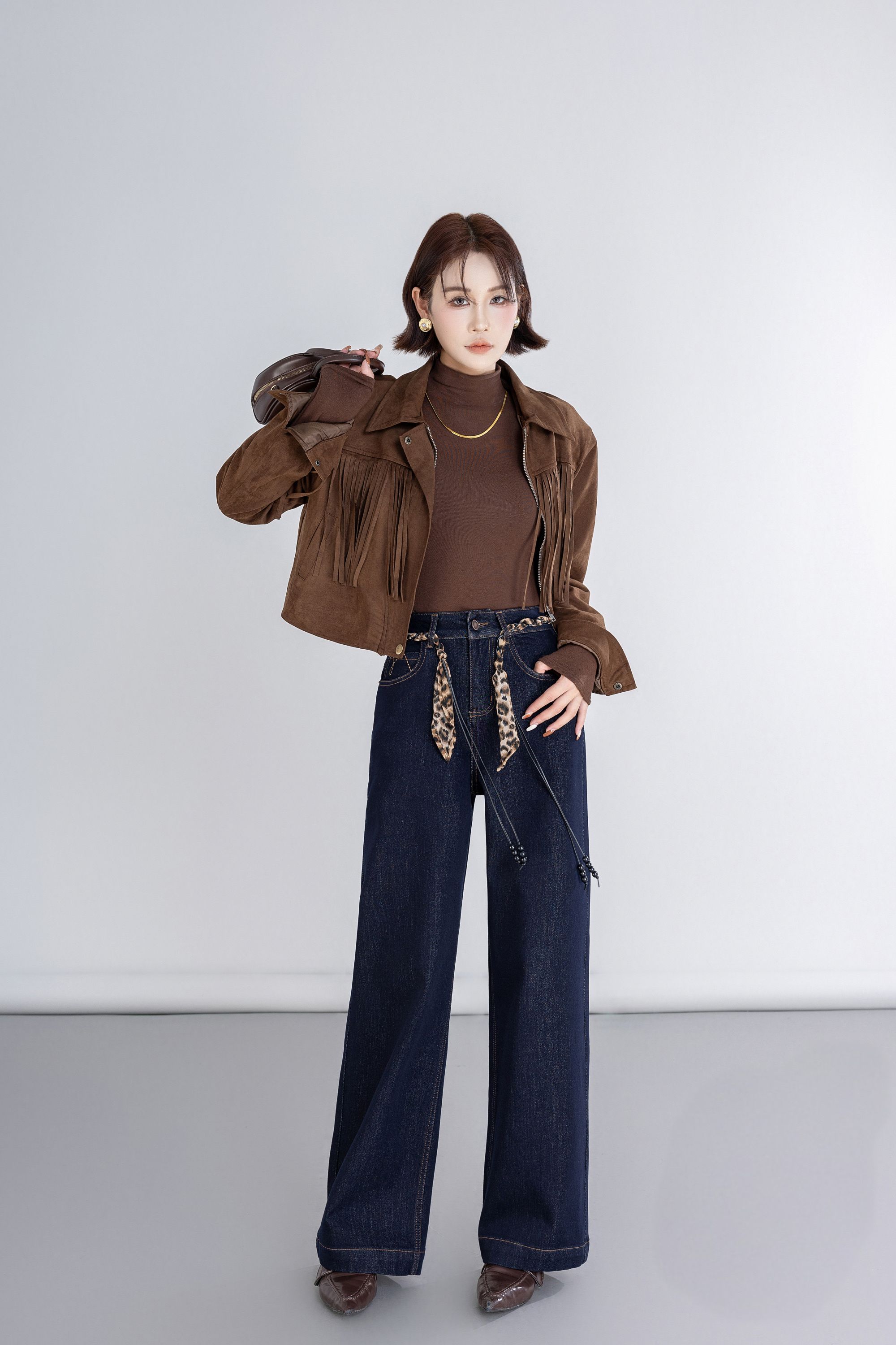 高定莱赛尔植绒阔腿裤女2025秋冬高腰休闲百搭长裤保色牛仔裤5689