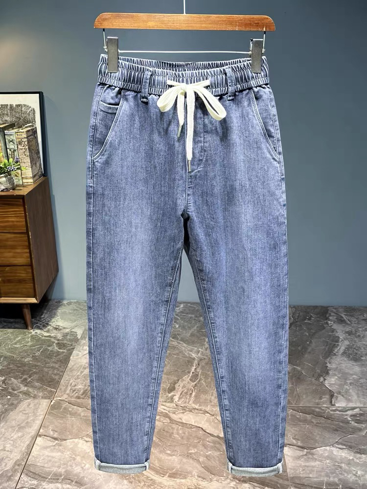 男士牛仔裤夏季薄款松紧腰宽松弹力直筒休闲百搭哈伦裤1088