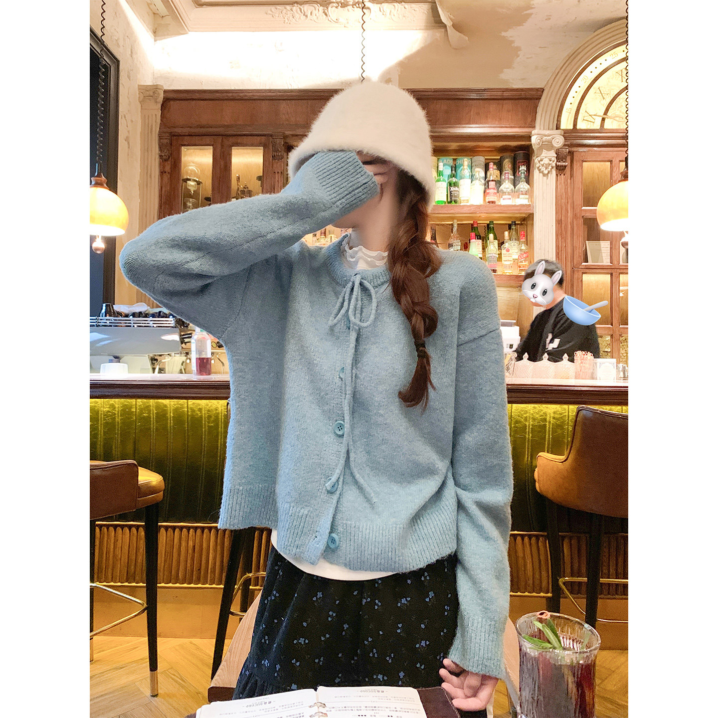 曾小咸 韩系蓝色蝴蝶结短款毛衣开衫女ZA54MZF1442